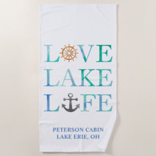 Custom Love Lake Life Typography Watercolor Beach Towel
