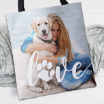 Custom LOVE Paw Print Dog Lover Pet Photo  Tote Bag<br><div class="desc">LOVE! Celebrate your best friend with a custom unique dog photo tote bag and keepsake. Surprise your favourite dog lover, whether is a birthday, Mother's day, valentines day, or Christmas with this cute love photo dog tote bag. This Love with paw print design dog photo tote bag is the perfect...</div>