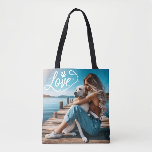 Custom LOVE Paw Print Dog Lover Pet Photo Tote Bag (Front)