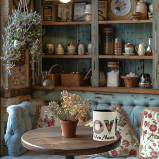 Custom LOVE photo collage & name, beige background Two-Tone Coffee Mug