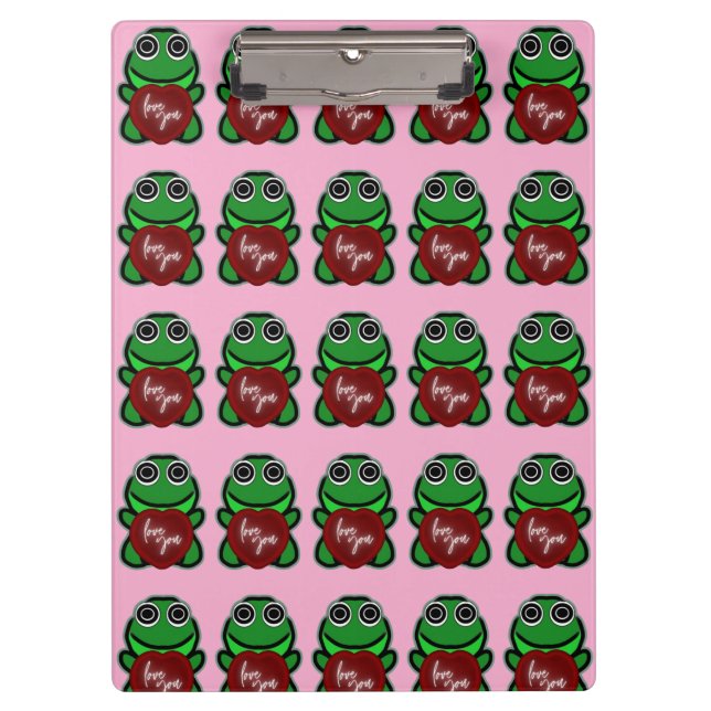 Custom Love You Kawaii Frog Heart Gift Clipboard (Front)