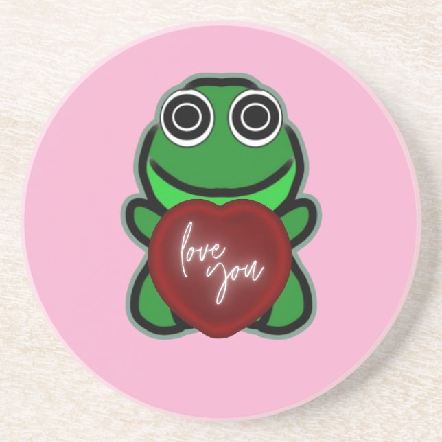 Custom Love You Kawaii Frog Heart Gift Coaster (Front)