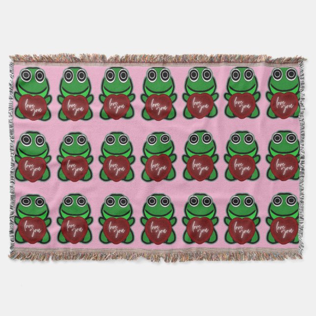 Custom Love You Kawaii Frog Heart Gift Throw Blanket (Front)