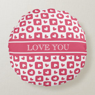 Custom "Love You" Pink Checkered Heart Round Cushion