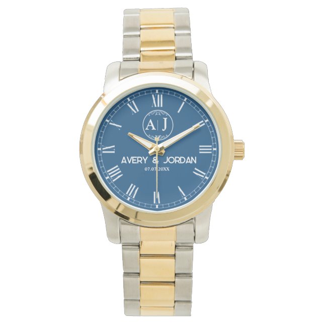 Custom lovers name monogram Personalized blue Watch (Front)
