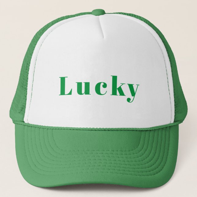 Custom Lucky Text Printed Handsome-Cap Green White Trucker Hat (Front)