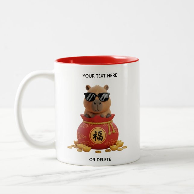 Custom Lunar Fortune Bag Capybara Red Two-Tone Mug (Left)