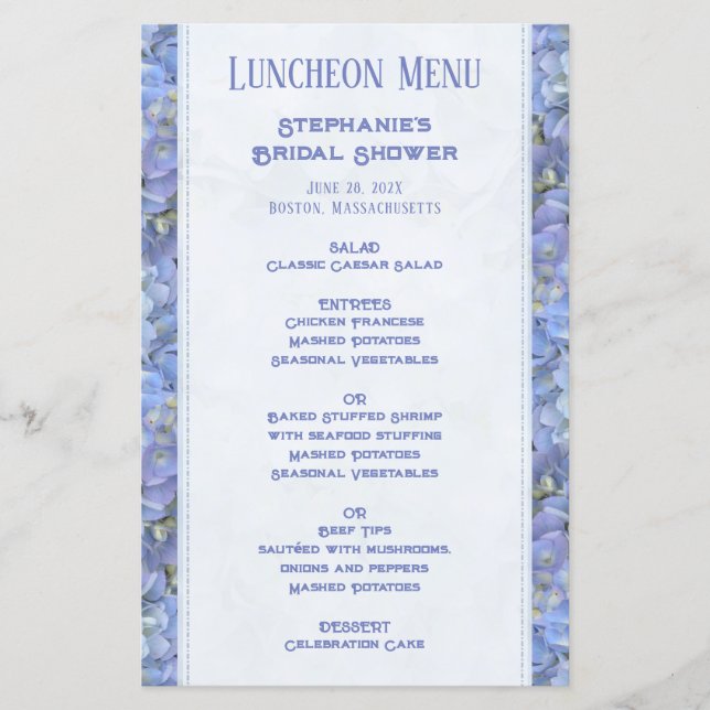 Custom Luncheon Menu (larger text) Blue back (Front)