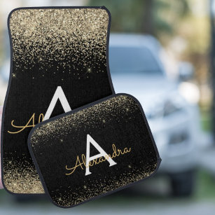 Custom Luxury Gold Black Glitter Sparkle Monogram Car Mat