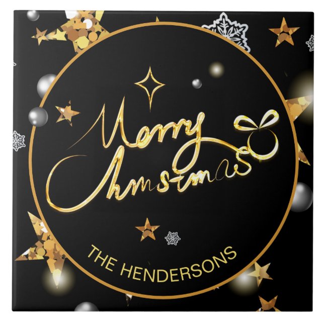 Custom Luxury Gold Black Metallic Stars Xmas  Ceramic Tile (Front)