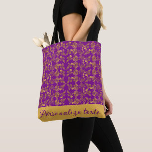 Custom Luxury Gold Floral Damask on Royal Purple Tote Bag