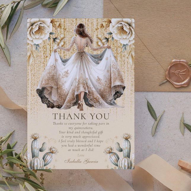 Custom Luxury Ivory & Gold Quinceañera Thank you Invitation (Creator Uploaded)