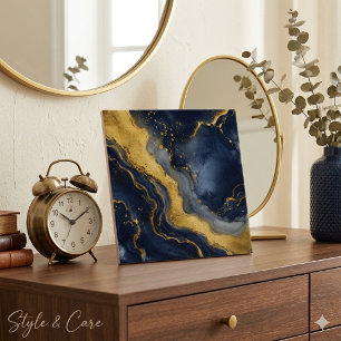 Custom Luxury Navy Gold Abstract Marble Fluid Art Ceramic Tile