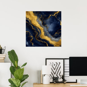 Custom Luxury Navy Gold Abstract Marble Fluid Art Poster