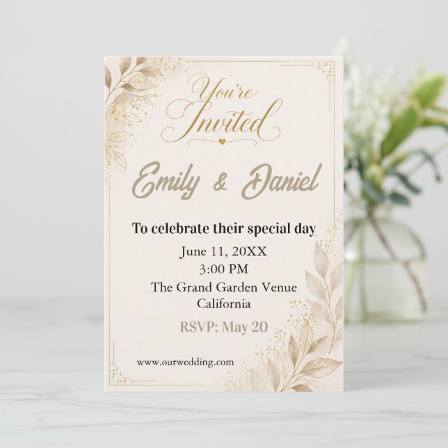 Custom Luxury Wedding Invitation Beige Gold (Standing Front)