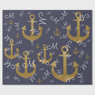 custom M initial - golden anchors nautical Wrapping Paper