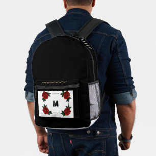 Custom "M" Monogram with Red Rose Black background Printed Backpack