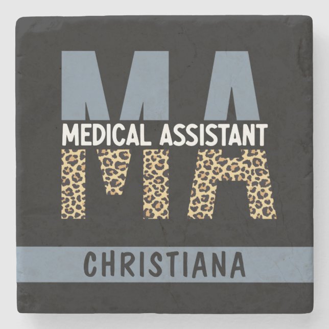 Custom MA Medical Assistant Leopard Print Stone Coaster (Front)