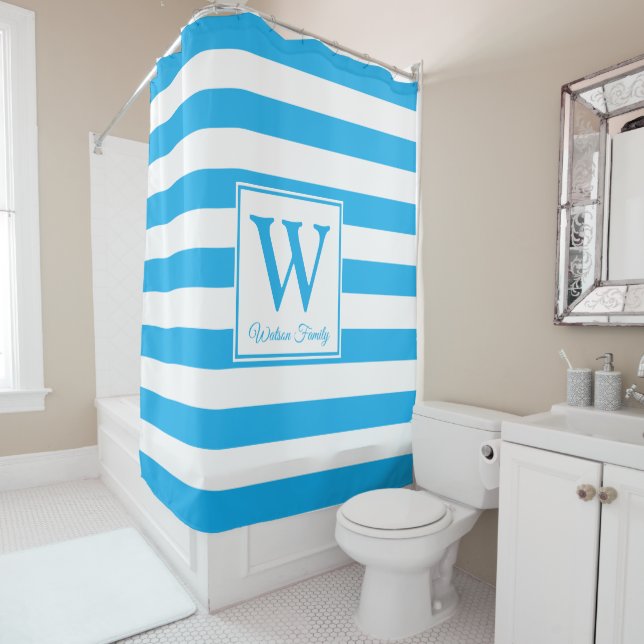 Custom Made Family Monogram Cerulean Blue Stripes Shower Curtain (In Situ)