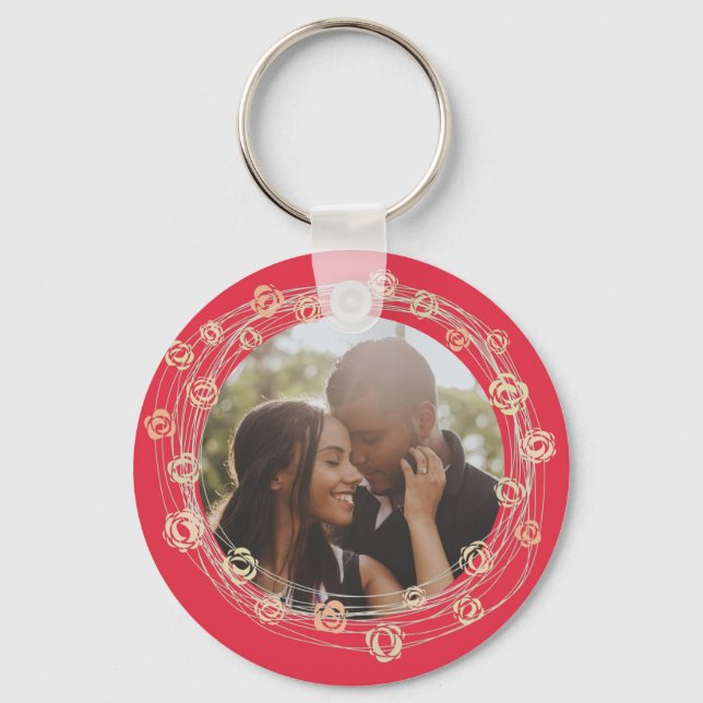 Custom Made Photo Personalized Flower Framed Key Ring (Front)