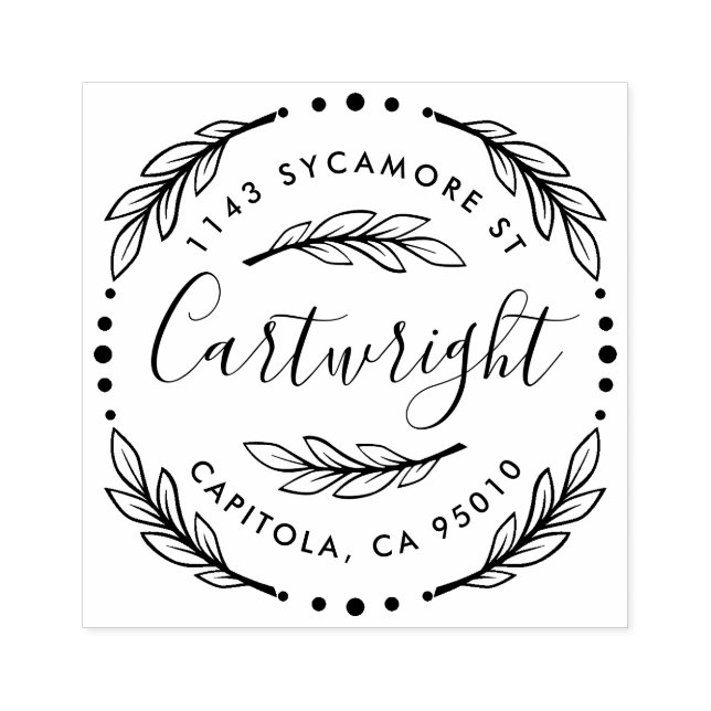 Custom Made Rustic Laurel Wreath Return Address Rubber Stamp (Imprint)