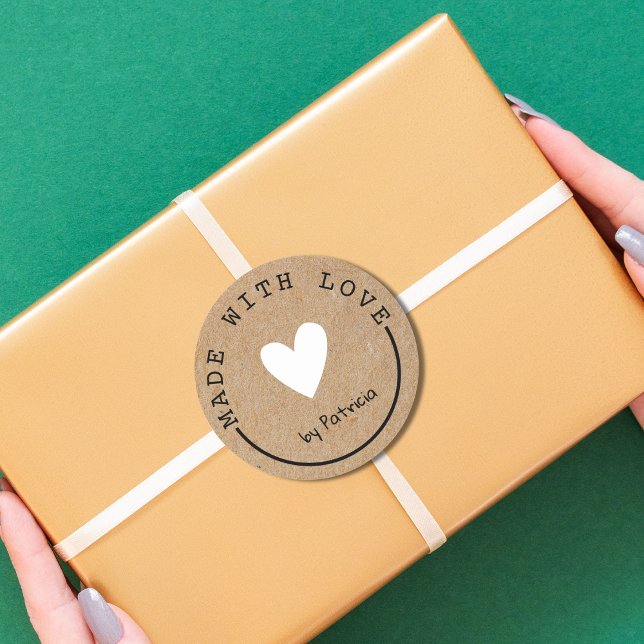 Custom Made With Love White Heart Kraft Paper   Classic Round Sticker (Creator Uploaded)
