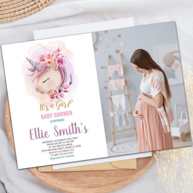 Custom Magical Baby Celebration Invite (Floral Unicorn Baby Shower Invitations with photo)