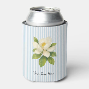Custom Magnolia Flower Painting Blue Stripe Can Cooler