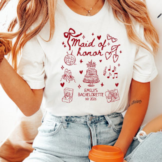 Custom Maid of Honor Coquette Red Bow Bachelorette T-Shirt