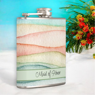 Custom Maid of Honour Watercolor Streaks Hip Flask