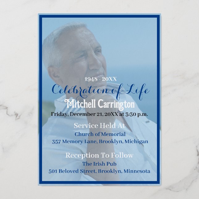 Custom Male Funeral Full Photo Foil Invitation (Front)