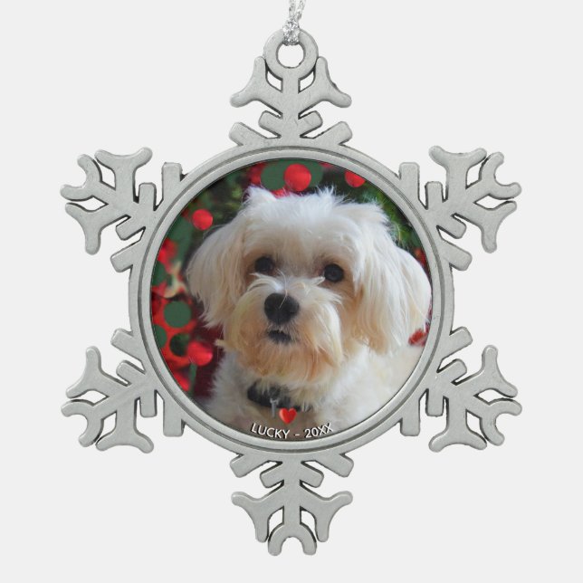 Custom Maltese Dog Photo Snowflake Pewter Christmas Ornament (Front)