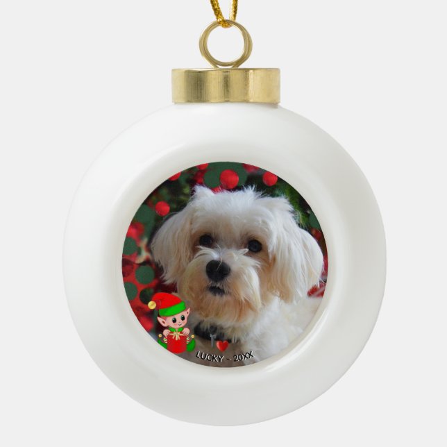 Custom Maltese Dog Photo with Cute Elf Ceramic Ball Christmas Ornament (Front)