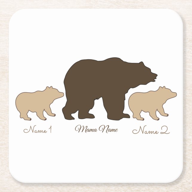 Custom Mama Bear With 2 Kid Names Mothers Day Gift Square Paper Coaster (Front)