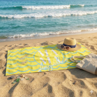 Custom MAMA Script Name Yellow Blue Scallop Beach Towel
