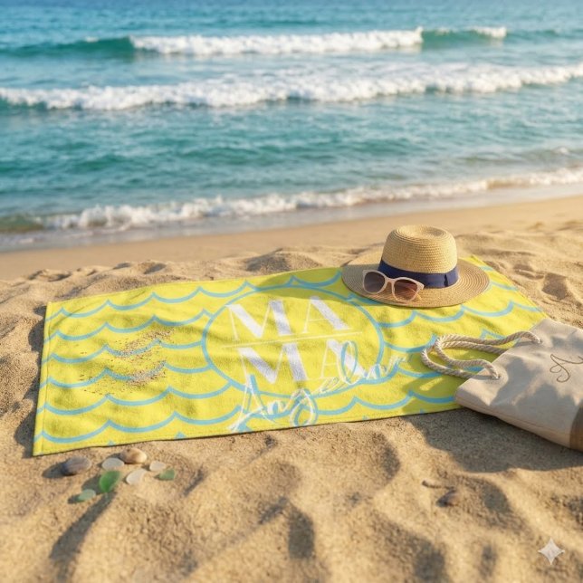 Custom MAMA Script Name Yellow Blue Scallop Beach  Towel (Creator Uploaded)