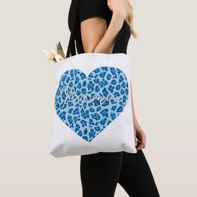 Custom Mama Word Art on Blue Leopard Pattern Tote Bag (Close Up)
