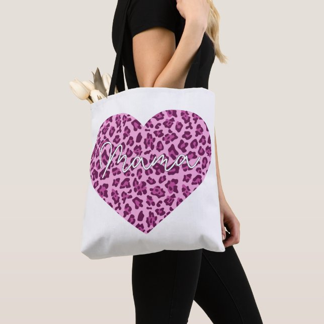 Custom Mama Word Art on Pink Leopard Pattern Tote Bag (Close Up)