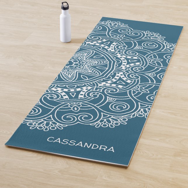 Custom Mandala Art Pattern On Dark Teal Blue Yoga Mat (In Situ)