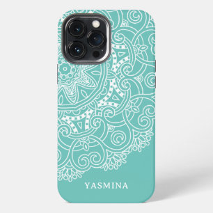 Custom Mandala Art Pattern On Light Teal Blue iPhone 13 Pro Max Case