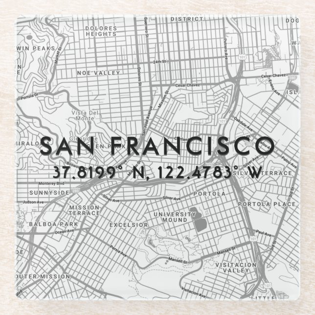 Custom Map & Coordinates Template | San Francisco Glass Coaster (Front)