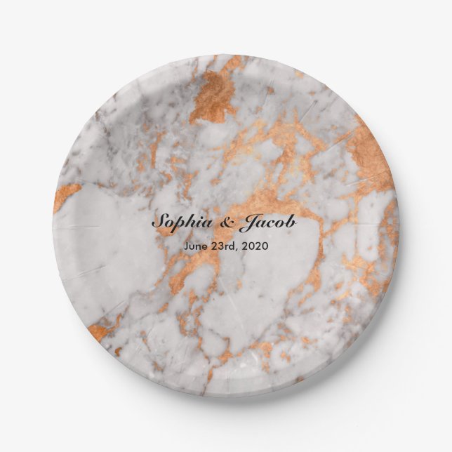 Custom Marble & Copper Wedding Paper Plates (Front)