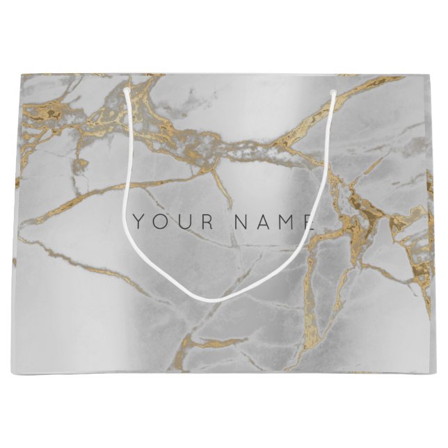 Custom Marble Grey Gold Metallic Abstract Silver Large Gift Bag (Front)