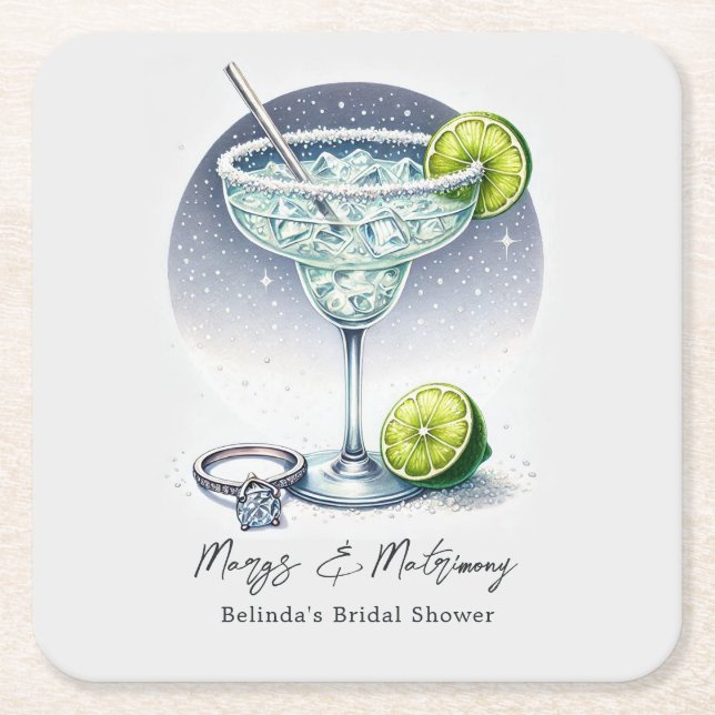 Custom Margs & Matrimony Bridal Shower Square Paper Coaster (Front)
