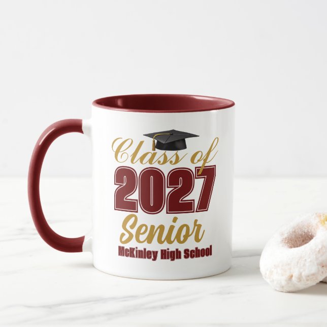 Custom Maroon Gold Class of 2027 Senior Mug (With Donut)