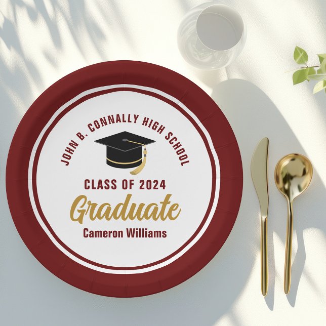 Custom Maroon Gold Graduate 2025 Graduation Party Paper Plate (Creator Uploaded)