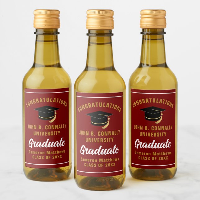 Custom Maroon Gold Graduation Party Mini Wine Label (Bottles)