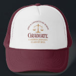 Custom Maroon Gold Law School Graduation Trucker Hat<br><div class="desc">This maroon and gold custom law school graduation hat gift features modern typography for a class of 2024 graduate. Customise with your graduating year under the scales of justice for a great personalised lawyer keepsake for a graduating attorney.</div>