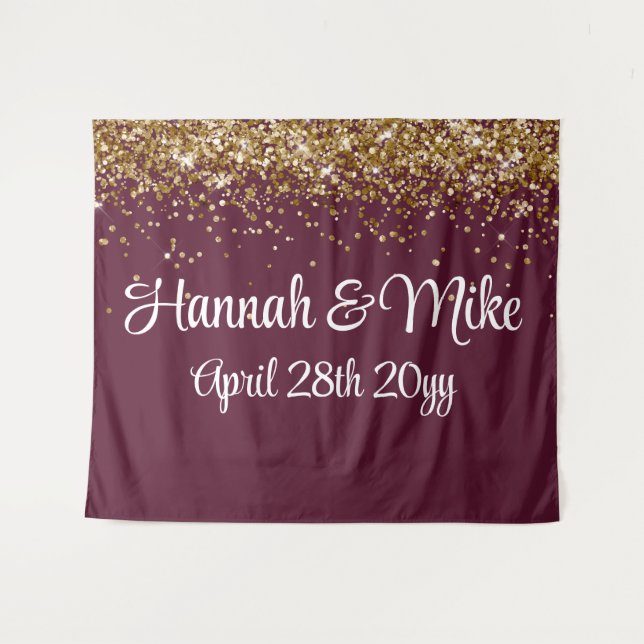 Custom Maroon & Gold Wedding Backdrop Photo Booth Tapestry (Front (Horizontal))