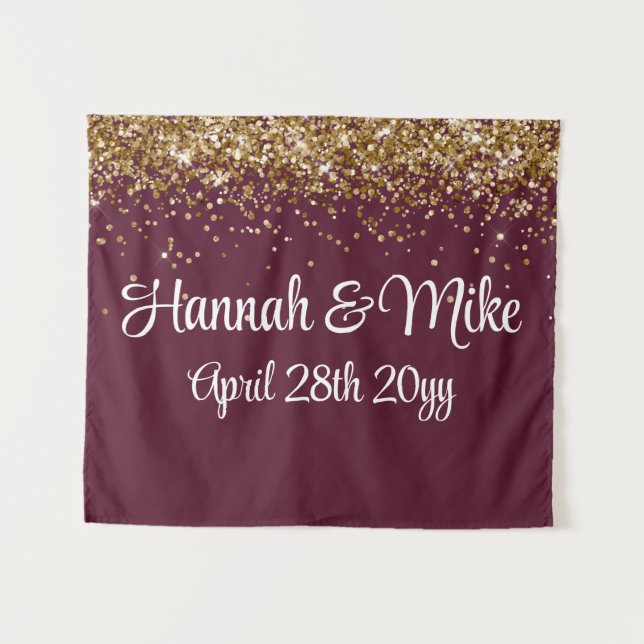 Custom Maroon & Gold Wedding Backdrop Photo Booth Tapestry (Front (Horizontal))